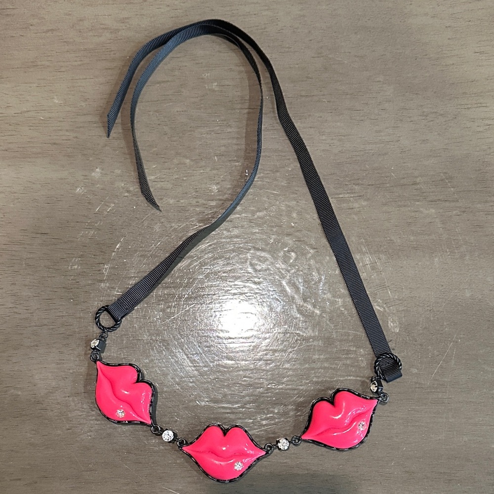 Betsey Johnson Pink Lips  Tie Black Ribbon Necklace